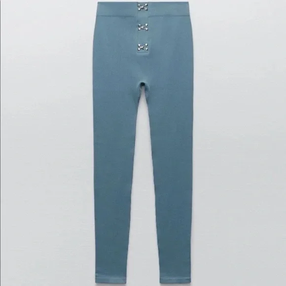 Zara SEAMLESS HIGH WAIST LEGGINGS WITH HOOK-AND-EYE FASTENINGS BLUE XS/S NEW - Picture 14 of 16